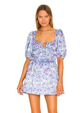 For Love And Lemons Charlene Floral Square-Neck Mini Dress Milkmaid Medium